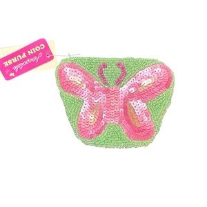 Aeropostale Pink Sequin Butterfly Coin Purse Zipper Closure NWT